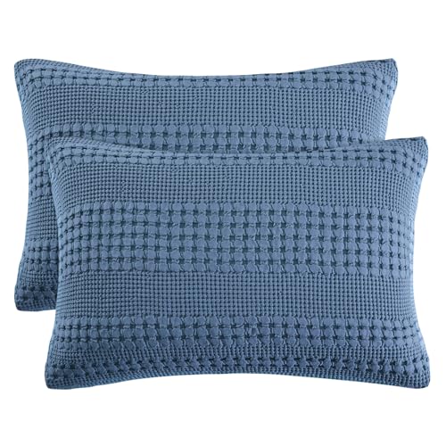 "PHF 100% Cotton Waffle Pillow Shams Queen Size, 2 Pack 20"" x 30"" Soft Skin-Friendly Pillowcases, No Filling, Aesthetic Woven and Breathable Waffle Weave Pillow Case Covers for Bed, Captain's Blue"