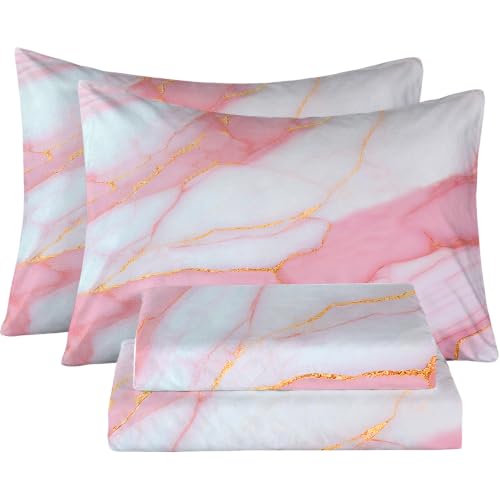 Pink Marble Sheet Set,Aesthetic Marbling Bedding Queen Size for Women Girls Teens Bedroom Bed, Luxury Sheets Bedspread Sets,1 Flat Sheet 1 Fitted Sheet 2 Pillowcases