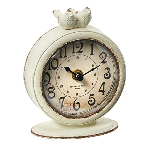 Creative Co-op Vintage Pewter Birds, Distressed Cream Mantel Clock