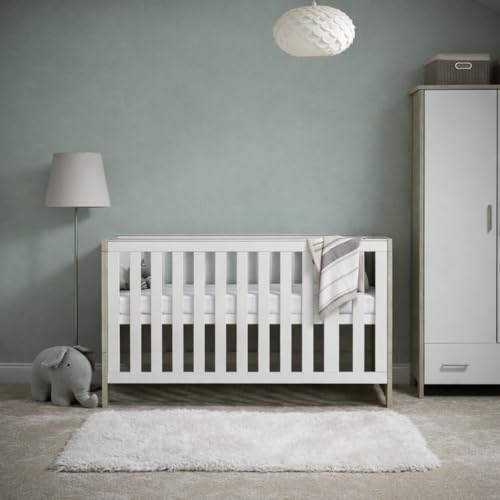 Obaby Nika Cot Bed – Grey Wash & White, Convertible Baby Cot to Toddler Bed, Adjustable Mattress Base, 140 x 70cm