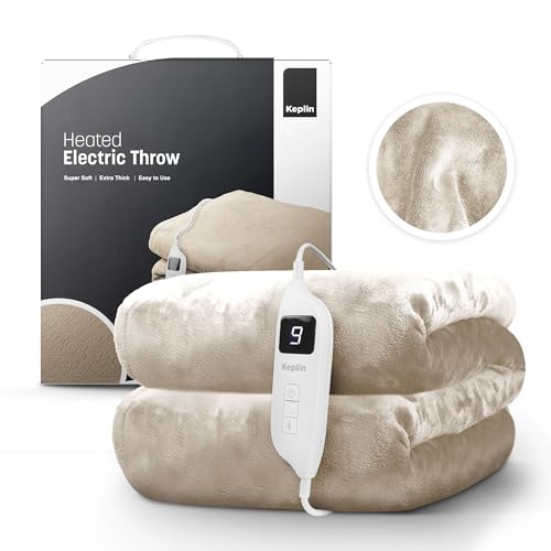 KEPLIN Large Electric Heated Throw Blanket - Electric Blanket Throw for Bedspread with 9 Heat Settings & Timer - Machine Washable Fleece Wool Duvet - Single Size 160x130 cm - Light Grey/Cream Sherpa