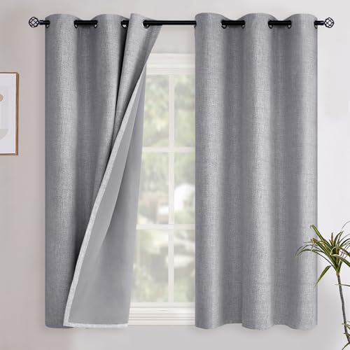 YoungsTex Grey Linen Blackout Curtains for Bedroom 38 X 45 Inch, Heat and Full Light Blocking Textured Drapes Thermal Insulated Blinds with Grommet Privacy for Living Room Farmhouse, 2 Panels
