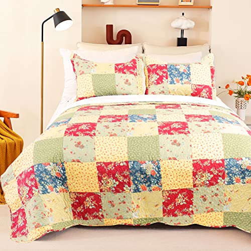 "Cmfshape Summer Floral Queen Quilted Bedspread,Romantic Pink Quilt Set,Reversible Stitched Bedding Cover All Season,Soft Lightweight Coverlet with Pillow Cases (Yellow&Green, Queen(90""x90""))"