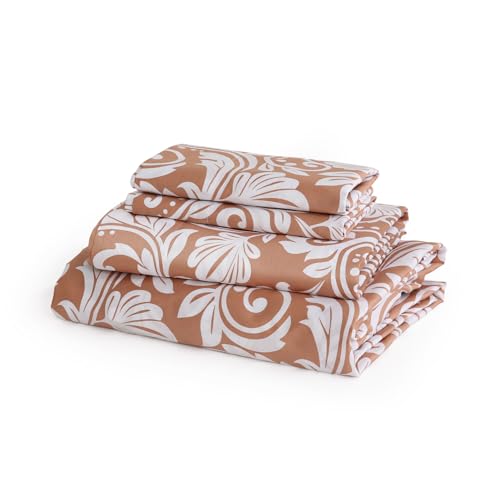 JSD Brown Damask Cotton Sheet Set Twin Size, 300 TC Sateen Printed Bed Sheets Extra Deep Pocket