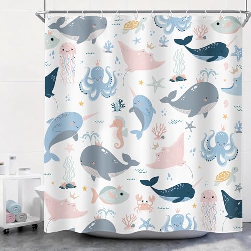 "Kids Ocean Whale Underwater Dolphin Cartoon Bathroom Shower Curtain Set - 72""W x 72""L shower curtain??? Animal Octopus: HD waterproof print, quick-dry cloth, free hooks for easy installation."