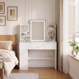 JUMMICO Dressing Table with LED Mirror,Vanity Desk with 2 Large Drawers,Adjustable Brightness,Makeup Table with Open Shelves,Bedroom Furniture (White)