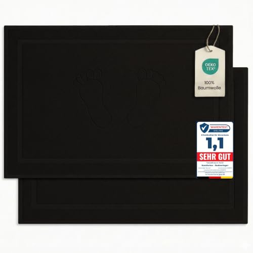 Komfortec Bath Mat Set, 2 Pieces, Terry Cloth Shower Mat, Washable Shower Mat & Bath Mat, 800 g/m² & 100% Cotton, Absorbent & Quick Drying, 50 x 80 cm, Black