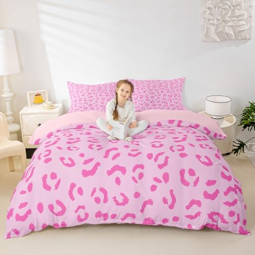 Pink Leopard Print Girly Duvet Cover Set Queen Size,Kids Girls Woman Room Decor,Abstract Cheetah Skin Vivid Comforter Cover,Wild Animals Hair Bedding Set,Rustic Romantic Quilt Cover,2 Pillowcases