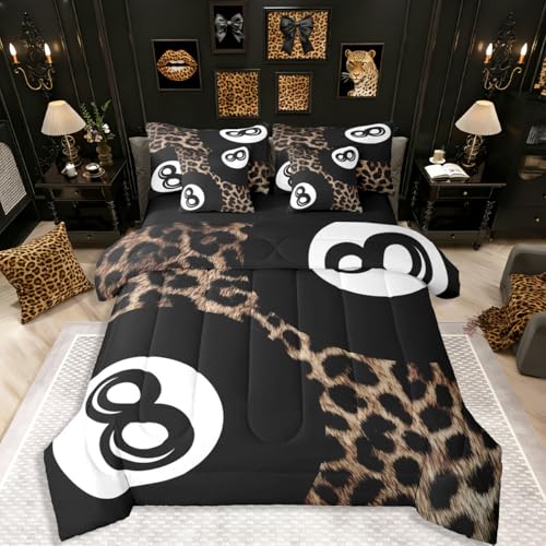 Y2K Lucky 8 Ball Bedding Sets,Trendy Cheetah Print Twin Size Comforter Set 7 Piece Bed In A Bag for Kids Girls Men Women Preppy Fashion Leopard Comforter and Sheets Black Brown Bed Set Aesthetic