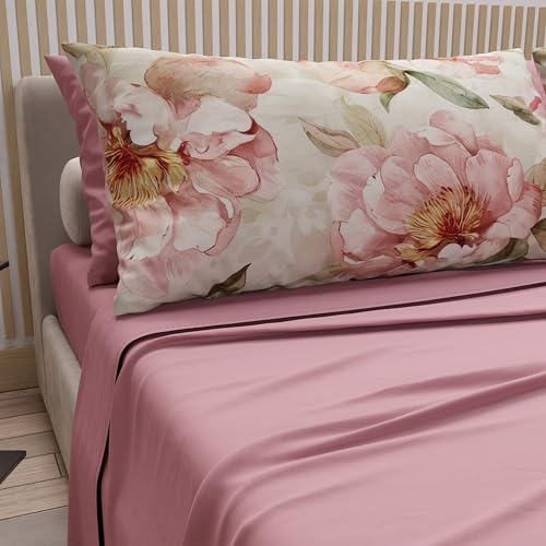 PETTI Artigiani Italiani - Double Bed Sheets Cotton with Pillowcases in Digital Print, Double Bed Sheet, Floral Pattern 20 Dark Powder, 100% Made in Italy