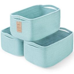 Maxuni 3-Pack Small Storage Baskets for Organizing - Woven Shelf Toy Basket - Rope Baskets for Gifts Empty - Closet Organizer Bins with Handles - Cube Decorative Box - 11.8??7.8??5.1??? - Light Blue