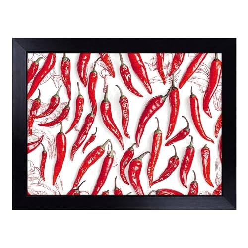 Lap Tray with Bean Bag Cushion, Red Chili Peppers - Handmade in the UK, Raised Wooden Edge, Padded Cushion, Heat-Resistant Wipe-Clean Surface, for Meals, Laptops and Crafts