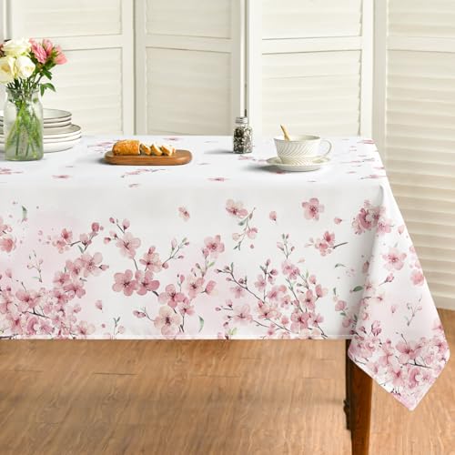Horaldaily Spring Tablecloth 60??60 Inch Square, Pink Cherry Blossoms Washable Seasonal Table Cover for Party Picnic Dinner Decor