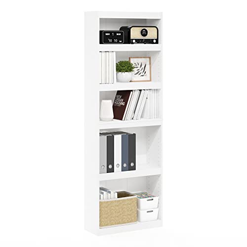 Furinno JAYA Book Shelf, 5-Tier Bokshelf, Enhanced Home Bookcase with Adjustable shelf, 9.5 x 24.5 x 71.1, for Living Room, Bedroom, Home Office, White