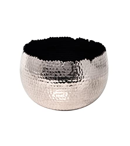 Ivyline Round Hammered Planter Bowl in Nickel/Black - UV Stable & Waterproof Premium Quality Indoor Iron Decorative Flower Plant Pot - H14cm x D19cm