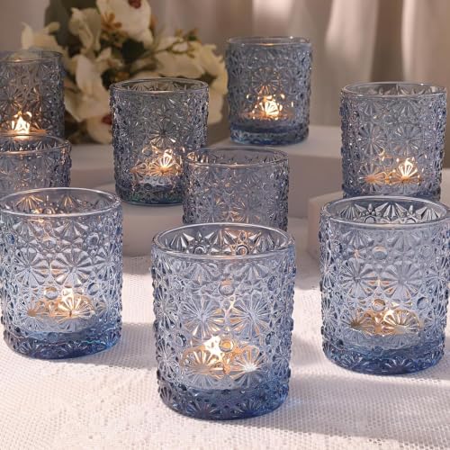 Lanttu Blue Votive Candle Holders, 12 Pack, Unique Floral Design, Perfect for Weddings, Table Centerpiece Decorations, and Gifts