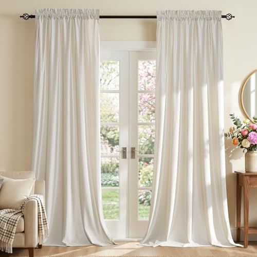 Ivory Velvet Curtains 84 inches for Living Room Luxury Room Darkening Curtain Cream White Elegant Bedroom Thermal Insulated Modern Heavy Thick Soft Soundproof Rod Pocket Window Drapes Set of 2 Panels