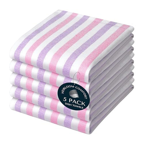 HEIRLOOM COMFORT Fiesta Stripe 100% Cotton Dish Towels Set of 5, Large 45x66 cm, Quick Dry, Absorbent & Reusable for Cleaning, Cooking, Kitchen Decor, Machine Washable, Rose Pink & Lavender