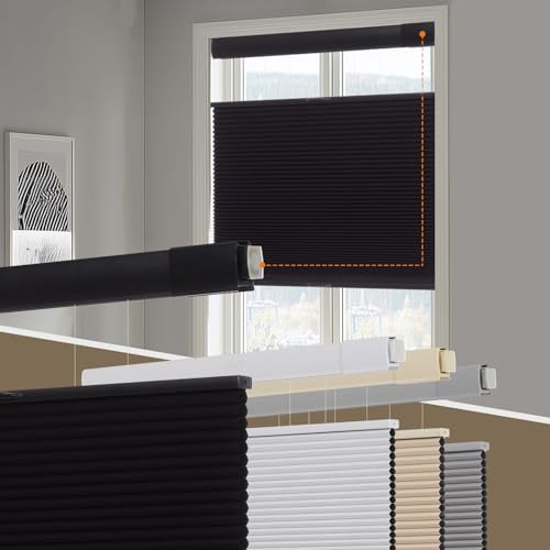 "Persilux No Drill Blackout Cellular Shades for Windows,Black,34"" w x 48"" h - Top Down Bottom Up Honeycomb No Tools Cordless Blinds,Easy to Install Cellular Blinds for Indoor Windows"