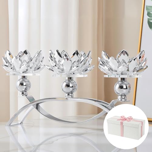 "Dounx Crystal Candle Holder, 5.6"" Tall Silver Centerpieces for Tables, 3-Arm Lotus Candelabra, Home Decor for Wedding, Dining Room, Coffee Table and Living Room (10.5"" L, Fits Tealight Candles)"