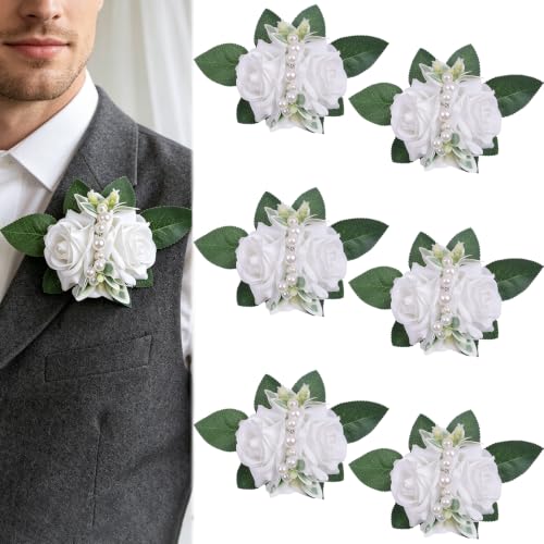 Meldel Ivory White Boutonnieres for Men 6Pcs Artificial Rose Wedding - Faux Flower, Anniversary Party, Prom Dance, Homecoming Formal, Groom Groomsmen Engagement Banquet, Graduation Gift