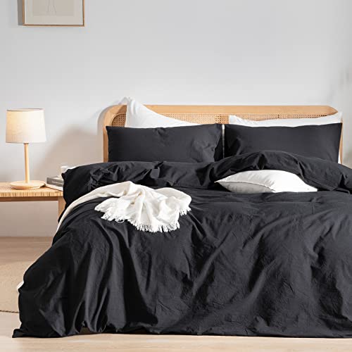 BESTOUCH Cotton Solid Duvet Cover Set Linen Feel Deep Black Cal King - 100% Washed Cotton, Soft Wrinkle Texture, Hidden Zipper, 8 Ties, Breathable Lightweight Durable Comfy, 3 Pcs No Insert