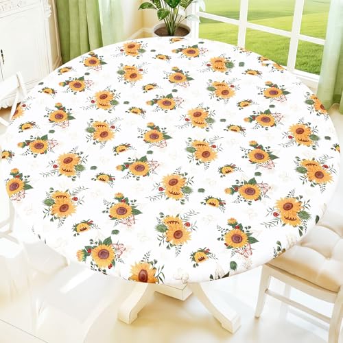 Moosfor Printed Spandex Round Tablecloth Fitted Table Cloth for 45-56 Table - Circle Patterned Elastic Table Cover, Stretch Washable Table Cloths for Picnic, Patio, Dining, Kitchen, Butterfly Sunflower