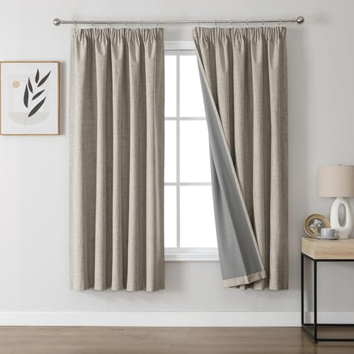 Joydeco 100% Blackout Curtains, Linen Curtains with Ruffle Tape, Set of 2, H 183 x W 117 cm, Grey, Thermal Curtain, Cold Protection, Opaque, Sound Protection, Ideal for Living Room, Fits Rail Systems
