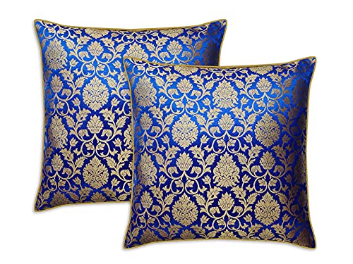 AVKA Studio Craftbot Damask Throw Pillow Covers - Pack of 2 Faux Silk Brocade Decorative Pillows - Royal Blue Gold 16X16 Inch- Indian Cushion Cover-Cover Only