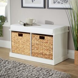 Home Source Hallway Shoe Storage Wooden Bench, 2 Water Hyacinth Basket Drawers, Cushioned Padded Seat, White