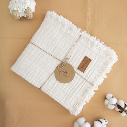BROSS 100% Cotton Unisex Baby Blanket, 4-Layers, 110 * 120 cm, Swaddle Blanket for Newborn Babies, Soft Silky Blanket for Babies, Newborn Receiving Blanket, Baby Muslin Blanket Soft (Ecru)