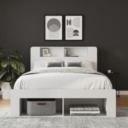 GFW Anya King Size White Ottoman Storage Bed, End Lift Storage Bed Frame with Headboard Shelves, Side Storage and Underbed Compartment