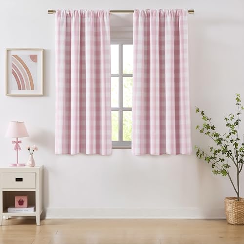 Bapawfish Pink White Full Blackout Curtain Panels 63 Inches Long - Buffalo Plaid Farmhouse Drapes with Room Darkening Liner,Thermal Insulated Window Treatment,Rod Pocket Back Tabs,Pack of 2