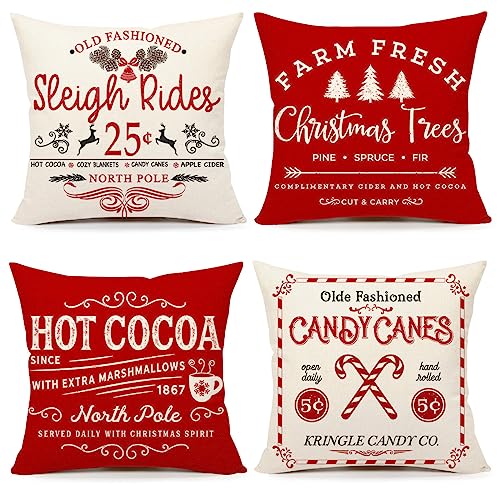 Farmhouse Christmas Pillow Covers 18x18 Set of 4 Winter Holiday Decorations Xmas Red White Rustic Throw Cushion Case for Sofa Couch Home Decor (Sleigh Rides, Farm Fresh Tree, Cocoa, Candy Canes)