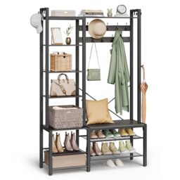 VASAGLE Hall Tree with Bench and Shoe Storage, Hallway Coat Rack with Shoe Bench and 5 Storage Shelves, 9 Coat Hooks and 6 Side Hooks, 140 x 120 x 190 cm, Stone Grey and Ink Black HSR426B04
