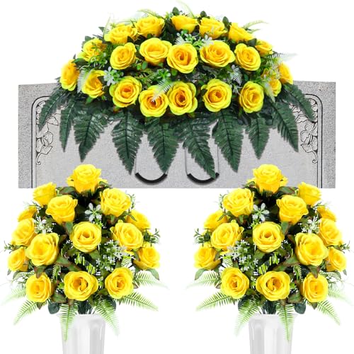Giegxin 3 Pcs Spring Headstone Flower Saddle Cemetery Flowers for Grave Yellow Rose Artificial Memorial Flowers with Vase Easter Floral Bouquets Outdoor Graveyard Decoration for Tombstone Headstone