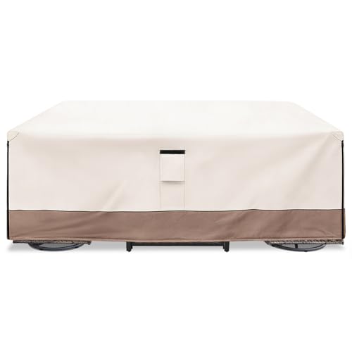 "SoloToo Rectangle Outdoor Table Cover Waterproof Heavy Duty Patio Furniture Covers, Outdoor Dining Table and Chairs General Purpose Furniture Set Cover - 111"" W x 74"" D x 28"" H (Beige & Brown)"