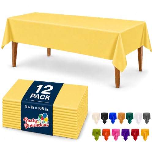 Yellow Disposable Plastic Tablecloth for Rectangle Tables (12 Pack) Premium Decorative Table Cloth for Parties, Events & Weddings, Indoors & Outdoors, 54 x 108 inches, Plastic Table Cover