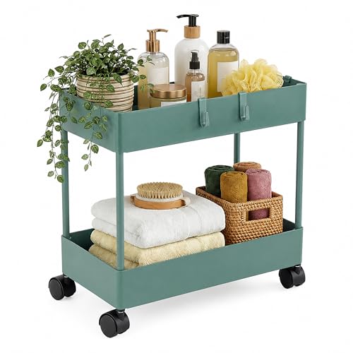 Relaxdays 2-Tier Serving/Kitchen/Craft Trolley for Bathroom, dark green