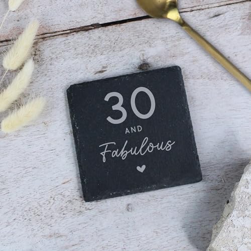 eBuyGB Laser Engraved Slate Coaster, 30 & Fabulous, Sister 30th Birthday Gifts for Women, Her, Thirtieth Friend, Square Drinks Mat, Tea Lover Gift
