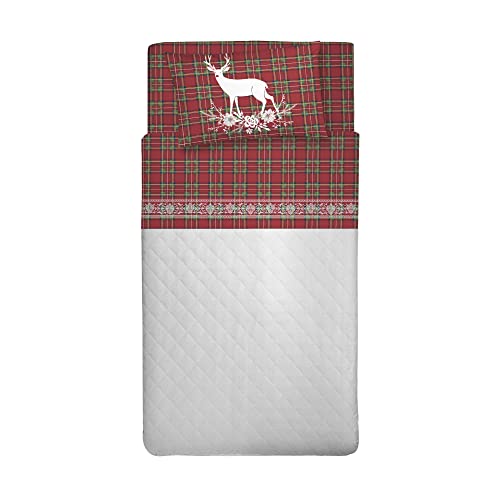 PENSIERI DELICATI Single Bed Sheet Set, 100% Cotton, 90 x 200 cm Single Bed Sheet Set, Includes Bottom Sheet, Top Sheet and 1 Pillowcase, Made in Italy, Red Deer Tartan Pattern