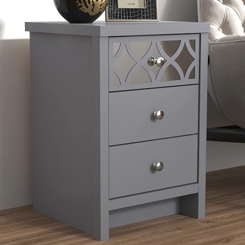 GFW Arianna Bedside Table With 3 Drawers, Modern Side Table Storage Unit, Mirrored Design Storage Cabinet For Bedroom, Living room & Hallway, Flat Pack Furniture, Grey, W39.5 x D39.8 x H59.0cm
