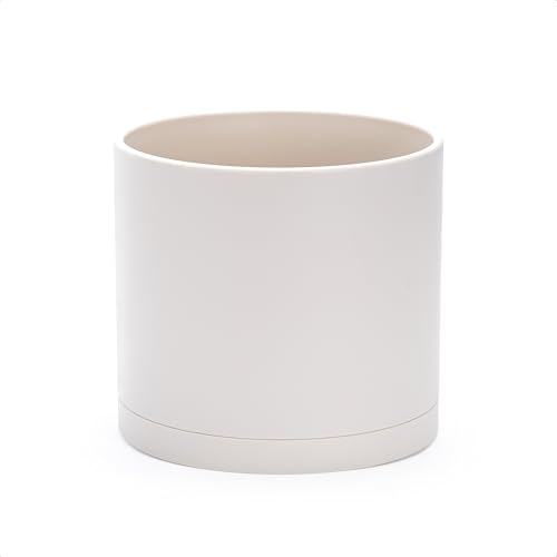 D'vine Dev Plastic Planter Pot with Saucer, 8 in, Oatmeal, 74-X-H-1 - Lightweight Matte Finish, Cylinder Shape, Drainage Holes, Sleek Minimalist Design, Detachable Saucer, Easy Maintenance