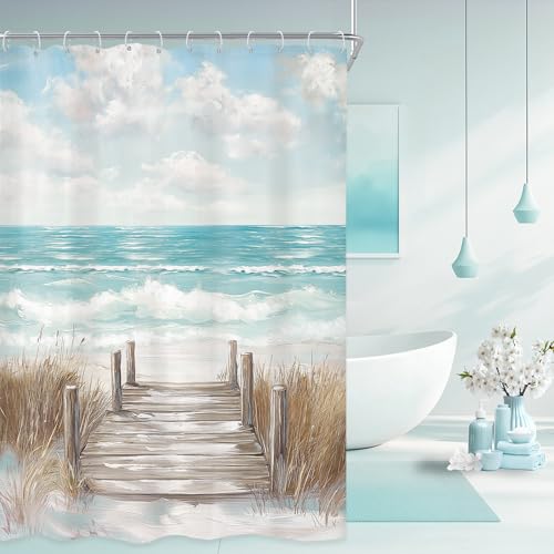 Riyidecor Small Stall Beach Shower Curtain 54Wx78H Inch Rv Narrow Extra Long Teal Ocean Oil Painting Sky Summer Coastal Beachy Hawaiian Modern Bathroom Decor Fabric Polyester Waterproof 12 Pack Hooks