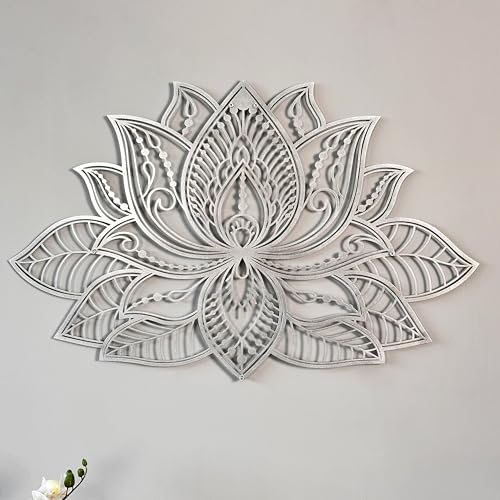 "iwa concept 3D Mandala Metal Wall Decor - Lotus Flower Decoration for Homes - Bedroom Metal Wall Art - Office Decor - Living Room Decor - New Year Gift - (17"" x 11"" - 43 x 27.5 cm, Silver)"