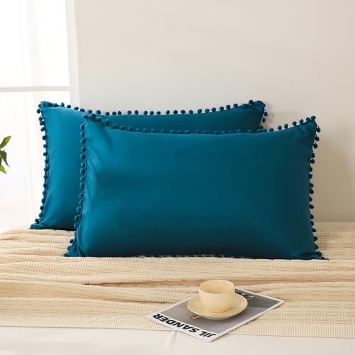 Move Over Teal Pom Poms Pillow Cases, Boho Pillowcases Set of 2, 100% Soft Washed Microfiber, Teal Blue Pillow Shams King, 2 Pack (King,Teal)
