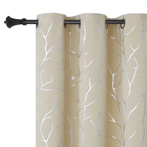 BUHUA Grommet Top Drapes Thermal Insulated Printed Branches Blackout Curtains for Bedroom Beige 38W??63L Inch 1 Pair