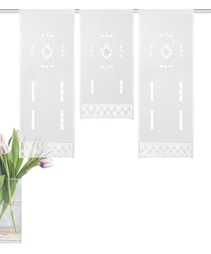 HOME WOHNIDEEN Alegra 55715 3-Piece Window Curtain in Linen Texture, Embroidered, 80 x 30 cm (H x W), White