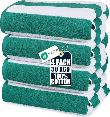 Utopia Towels 4 Pack Cabana Stripe Beach Towel, 30 by 60 Inches, Oversized 100% Ring Spun Cotton Pool Towels, Highly Absorbent Quick Dry Bath Towels for Bathroom, and Swim, Green