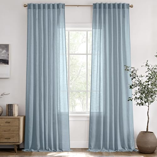 ANRODUO Blue Linen Curtains 102 Inches Long 2 Panels Back Tab Dusty Blue Neutral Rustic Farmhouse Drapes Extra Long Linen Blend Light Filtering Semi Sheer Linen Curtain for Living Dinning Room Bedroom